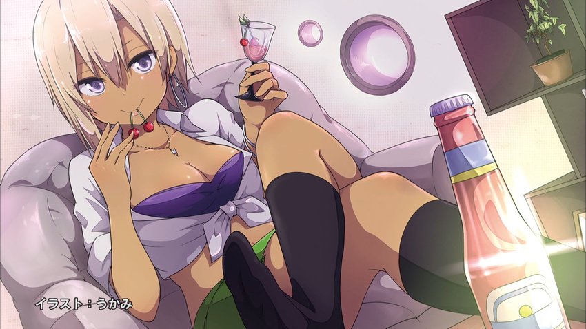 amesuku_gyaru armchair artist_name black_socks bottle breasts chair cherry cleavage collarbone crossed_legs cup dark-skinned_female dark_skin drinking_glass earrings end_card female food fruit gyaru hajimete_no_gal highres honjou_ranko hoop_earrings jewelry kneehighs kogal lightning_bolt_necklace medium_breasts mouth_hold necklace no_shoes plant potted_plant shirt short_hair sitting socks solo strapless tied_shirt tube_top ukami white_shirt wine_glass