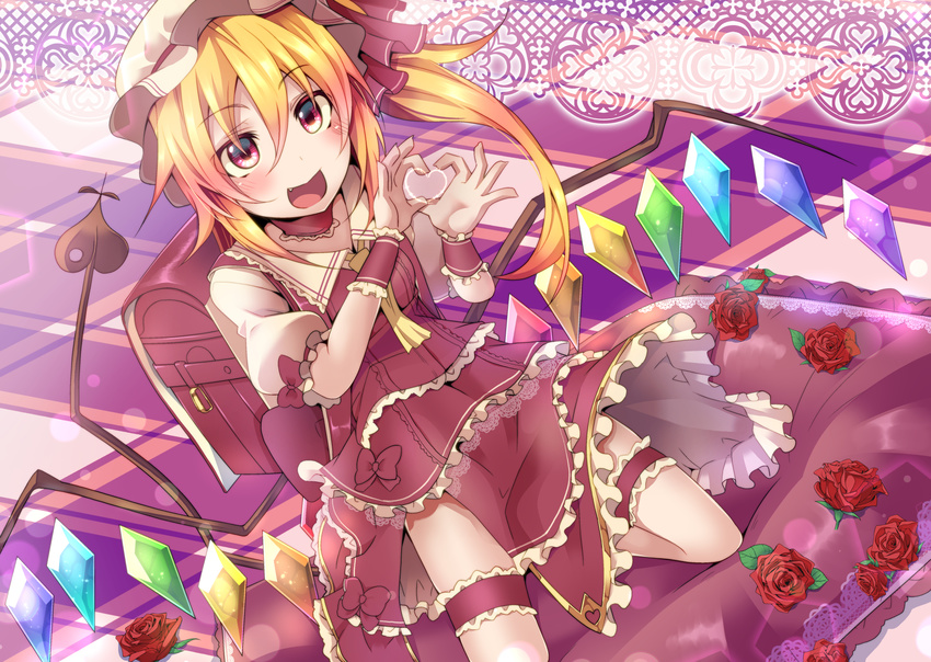 4-fingers_heart_hands adapted_costume backpack bag blonde_hair bridal_garter checkered_floor commentary_request crystal dress female flandre_scarlet flower hair_between_eyes hat heart heart_hands heart_in_heart_hands highres looking_at_viewer mob_cap oerba_yun_fang open_mouth puffy_short_sleeves puffy_sleeves rando_seru randoseru red_dress red_eyes red_flower red_rose rose shirt short_sleeves solo touhou vampire white_shirt wings wrist_cuffs