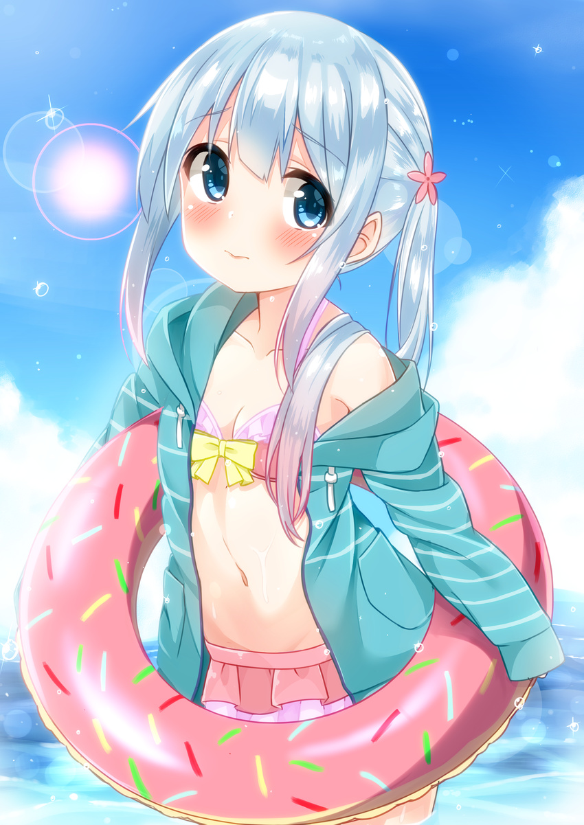 3: absurdres bikini bikini_skirt blush breasts cacao_(chocolat) closed_mouth commentary_request cowboy_shot day doughnut_innertube eromanga_sensei female gradient_hair grey_hair highres hood hoodie innertube izumi_sagiri lens_flare long_hair looking_at_viewer multicolored_hair ocean open_clothes open_hoodie outdoors pink_bikini ponytail sidelocks small_breasts solo swim_ring swimsuit tareme wading water_drop