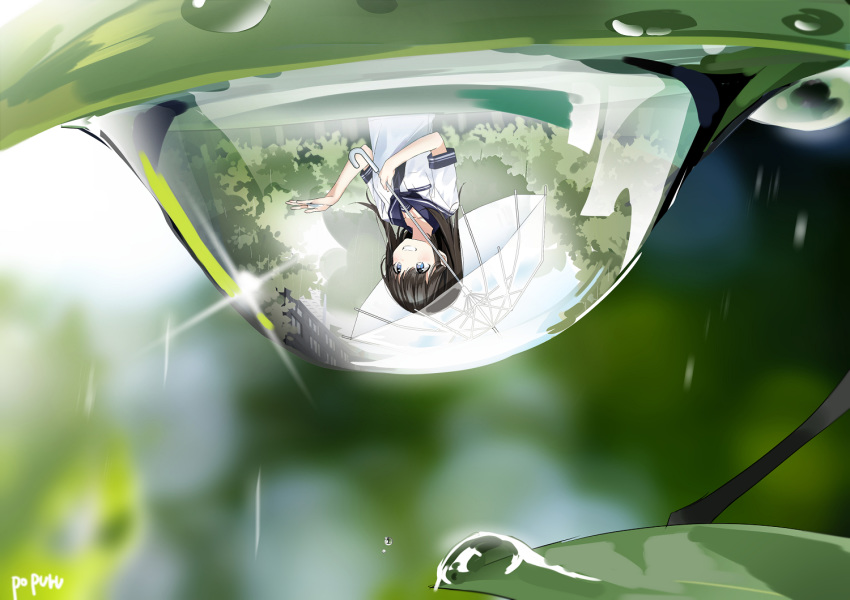 bad_id bad_pixiv_id black_hair blue_eyes blurry blurry_background commentary_request day dew_drop female holding holding_umbrella leaf long_hair original outdoors popuru rain school_uniform serafuku smile solo straw_(stalk) transparent transparent_umbrella umbrella water_drop