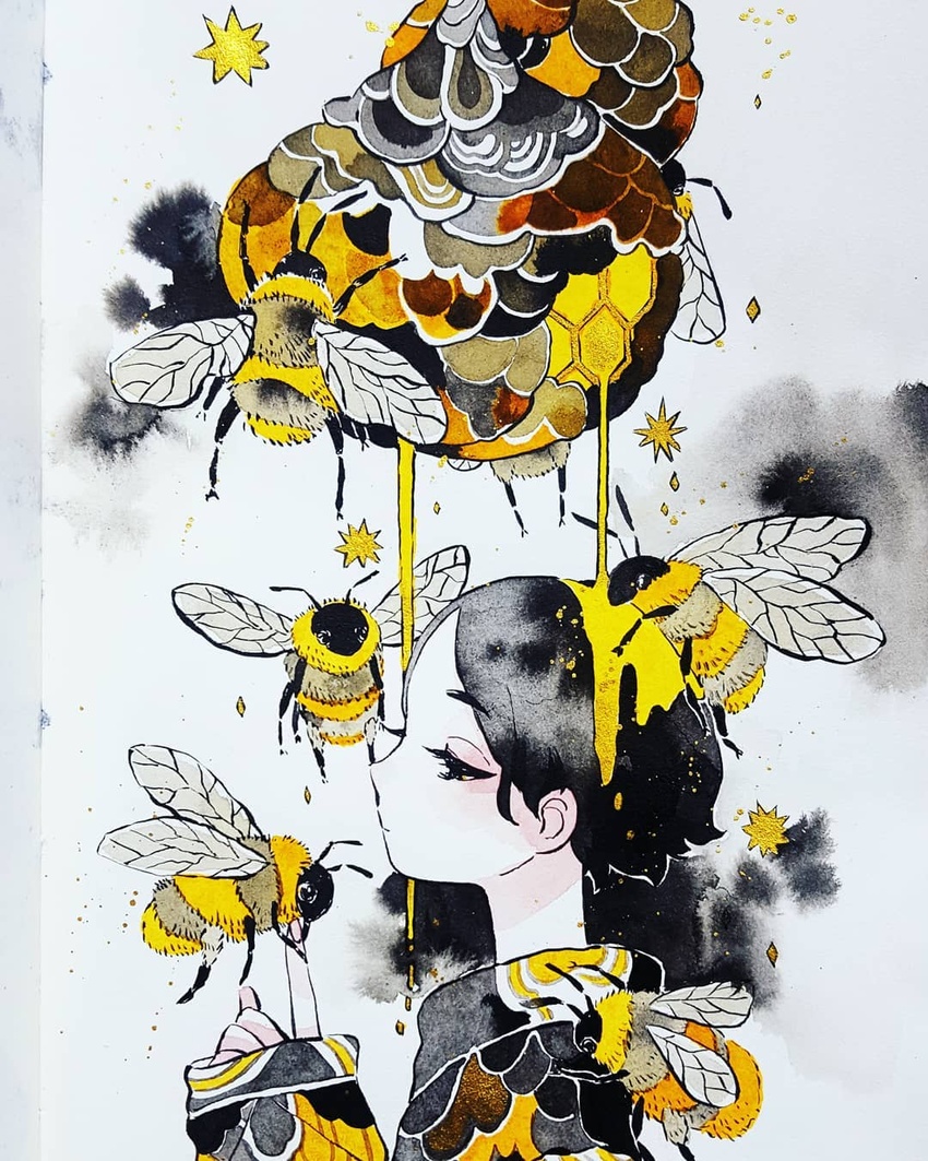 bee beehive black_hair bug commentary english_commentary female from_side half-closed_eyes highres honey honeycomb_(pattern) index_finger_raised long_sleeves maruti_bitamin original oversized_insect painting_(medium) profile short_hair striped traditional_media upper_body watercolor_(medium) wings