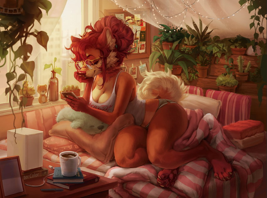 2018 anthro barefoot bed beverage big_breasts biped bottomwear breasts brown_body brown_fur bypbap camisole canid canine canis cellphone chow_chow claws cleavage clothed clothing detailed_background digital_media_(artwork) digital_painting_(artwork) domestic_dog electronics english_text eyewear facial_piercing feet female fur furniture glasses hair hybrid inside mammal multicolored_body multicolored_fur nose_piercing on_bed panties pawpads paws phone piercing pillow red_hair shiba_inu shirt shorts smartphone smile solo spitz tallulah_(tantrum) tan_body tan_fur tank_top text text_on_clothing text_on_shirt text_on_tank_top text_on_topwear toe_claws topwear underwear window yellow_inner_ear