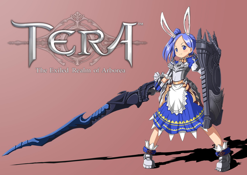 absurdres animal_ears apron armor artist_request blue_dress blue_eyes blue_hair boots breastplate copyright_name dress elin female highres lance lancer_(tera_online) long_hair photoshop_(medium) polearm rabbit_ears shield side_ponytail smile solo tera_online weapon