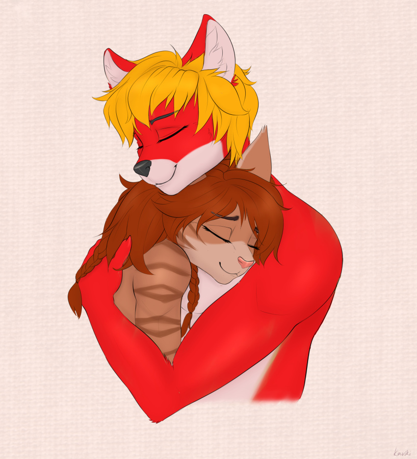 anthro anthro_on_anthro blonde_hair brown_body brown_fur canid canine closed_eyes domestic_cat duo felid feline felis female fox fur hair hi_res hug kaviki kayla_angel love male male/female mammal red_body red_fur robin_tinderfox romantic romantic_couple smile stripes