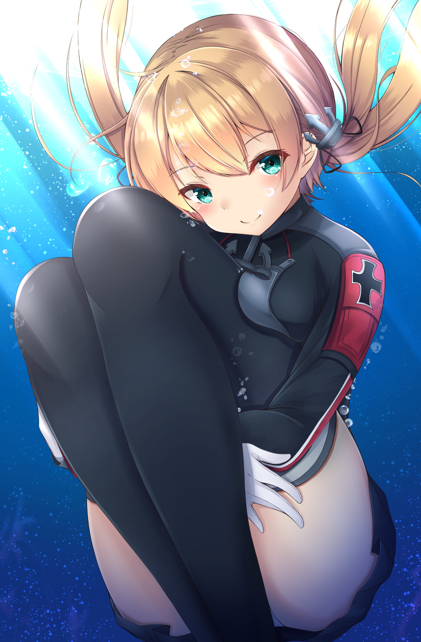 air_bubble anchor_hair_ornament black_thighhighs blonde_hair blush breast_press breasts bubble commentary_request cross doyachii female gloves green_eyes hair_ornament highres hugging_own_legs iron_cross kantai_collection long_hair panties pantyshot partial_commentary prinz_eugen_(kancolle) smile solo submerged thighhighs twintails underwater underwear white_gloves white_panties