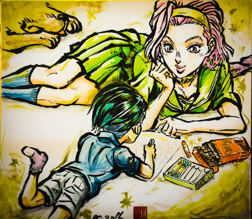 1boy aged_down arnold_(jojo) ashiya_kouhei commentary_request crayon dated female food hairband image_sample jojo_no_kimyou_na_bouken kishibe_rohan lips lolicon lying marker_(medium) on_stomach paper pink_hair pocky school_uniform serafuku sugimoto_reimi traditional_media twitter_sample