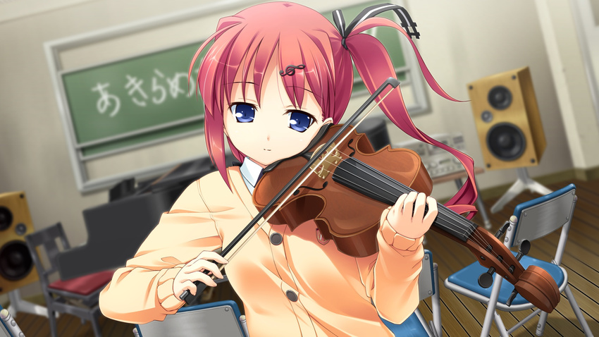 blue_eyes blurry cardigan check_translation depth_of_field female game_cg hair_ornament hairclip highres indoors instrument long_hair long_sleeves music nonomiya_ai official_art pink_hair playing_instrument shunki_gentei_poco_a_poco! solo speaker takoyaki_(roast) translation_request violin