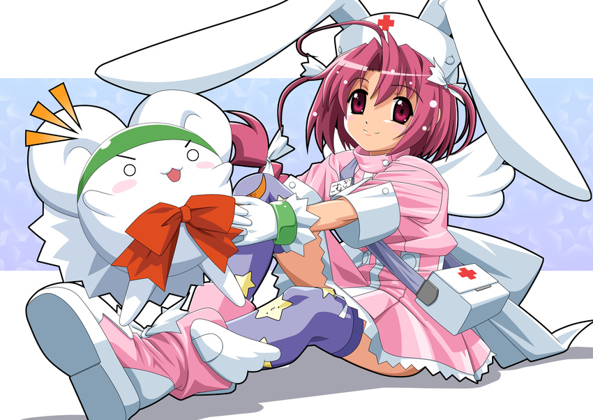 animal_ears commentary_request female first_aid_kit gloves halhal hat highres mugimaru nakahara_komugi name_tag nurse nurse_cap nurse_witch_komugi-chan photoshop_(medium) pink_eyes pink_hair solo thighhighs wings