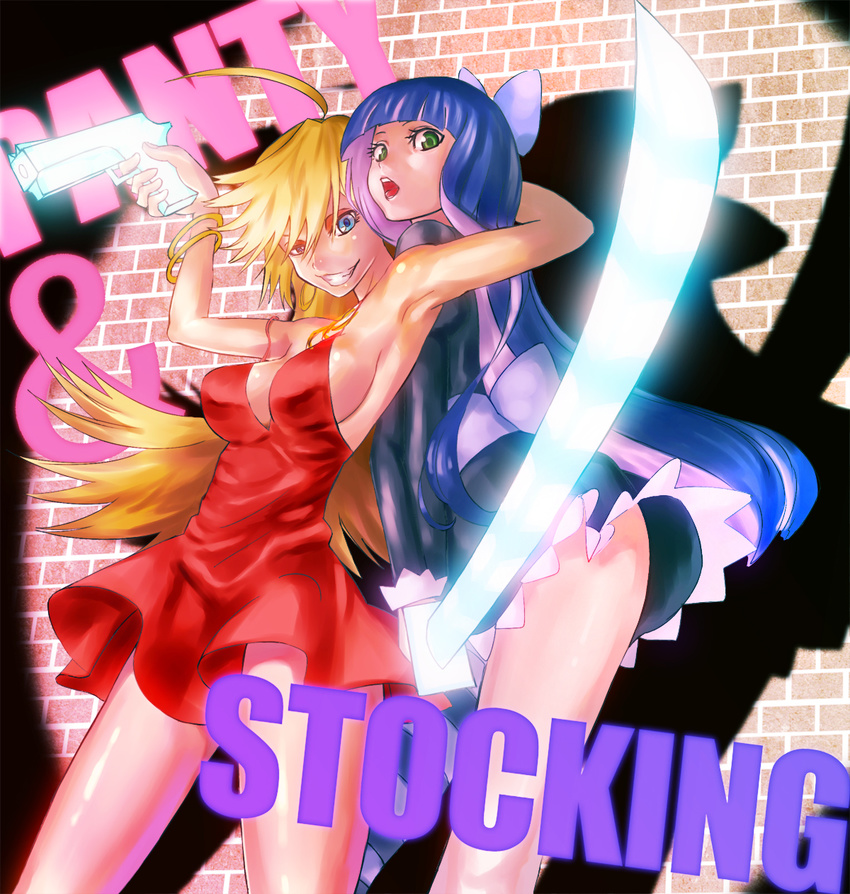 2girls armpits bare_shoulders blonde_hair blue_eyes bracelet breasts commentary_request dress green_eyes grin hair_ribbon hei_(heiyohei) highres hug jewelry large_breasts long_hair multiple_girls open_mouth panty_&_stocking_with_garterbelt panty_(psg) purple_hair red_dress ribbon short_dress siblings sisters smile stocking_(psg) sword wall weapon