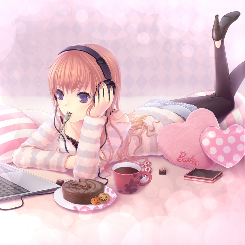 bad_id bad_pixiv_id cake candy casual computer female food headphones heart high_heels highres jack-o'-lantern laptop leggings long_hair lying megurine_luka ouka_mai pillow pumpkin shoes solo vocaloid