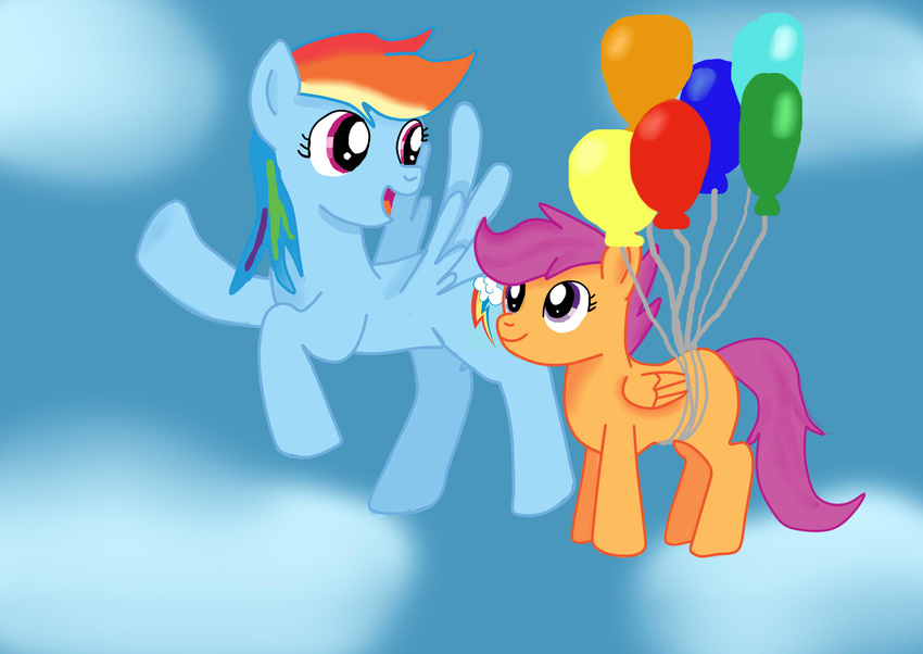 adopted_(lore) adoptive_sibling_(lore) adoptive_sister_(lore) adoptive_sisters_(lore) balloon blue_body blue_feathers blue_fur cloud cutie_mark duo equid equine feathered_wings feathers female feral flying friendship_is_magic fur hair hasbro hi_res inflatable jbond mammal multicolored_hair my_little_pony mythological_creature mythological_equine mythology open_mouth orange_body orange_fur outside pegasus purple_eyes purple_hair rainbow_dash_(mlp) rainbow_hair scootaloo_(mlp) sky skyscape smile wings young