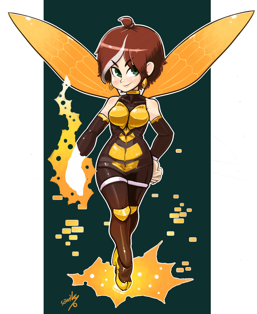 avengers bare_shoulders bee_costume chibi detached_sleeves disk_wars_avengers earrings female full_body green_eyes highres insect_wings janet_van_dyne jewelry looking_at_viewer marvel multicolored_hair outside_border sarikyou smile solo wasp_(marvel) wings