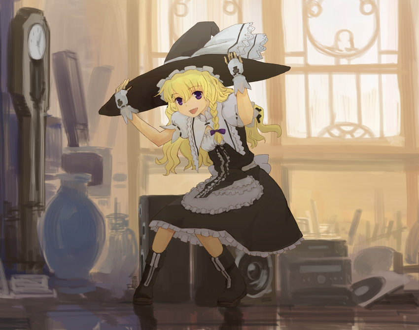 apron blonde_hair boots braid clock commentary_request curiosities_of_lotus_asia dress female grandfather_clock hair_ribbon hands_on_headwear hat highres kirisame_marisa long_hair open_mouth pinzu purple_eyes ribbon sitting smile solo touhou window witch_hat