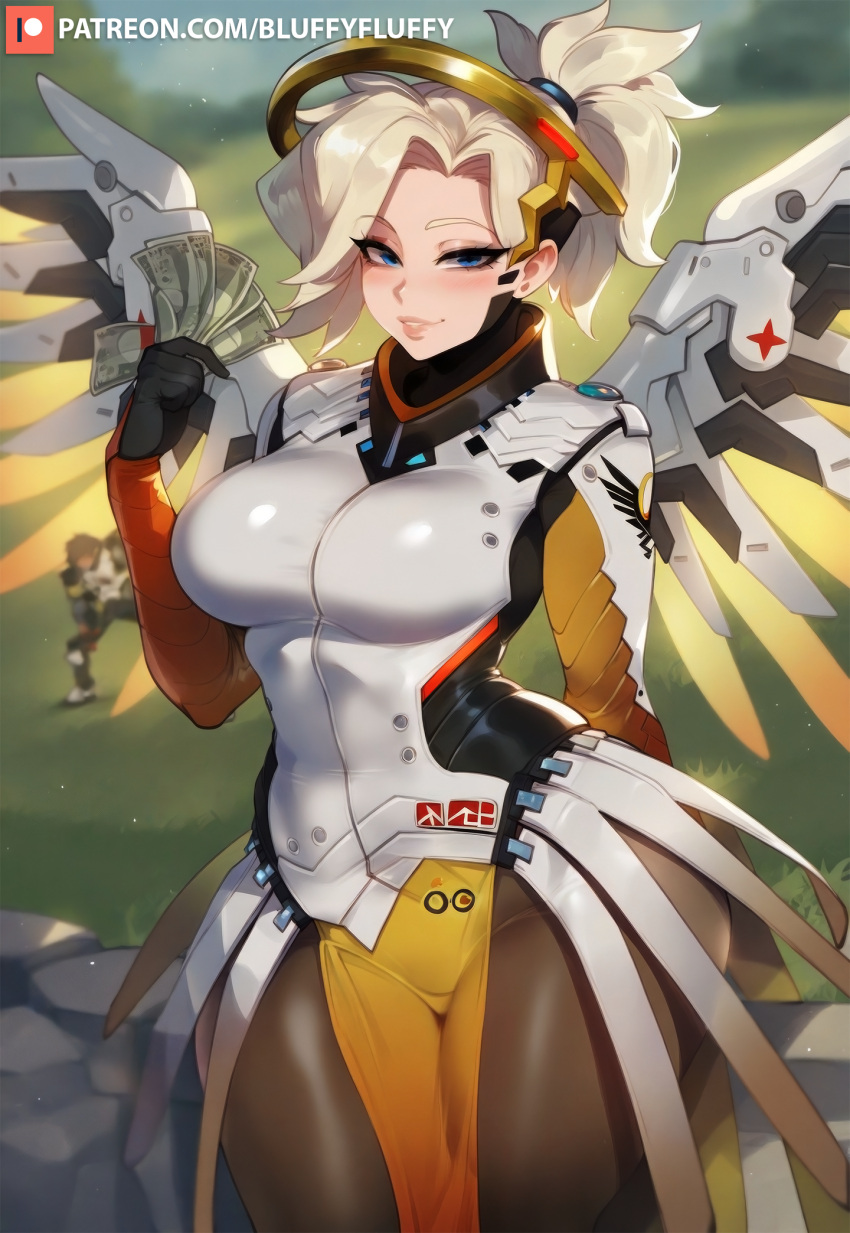 ai_generated armor blonde_hair blue_eyes bluffyfluffy blush holding_money mechanical_halo mechanical_wings mercy money overwatch overwatch_2 ponytail prostitution smile thick_thighs tracer wide_hips wings