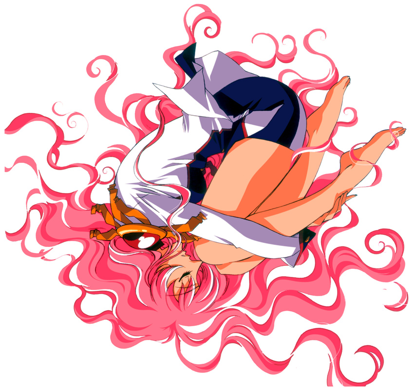 1990s_(style) bare_legs barefoot breasts closed_eyes epaulettes eyelashes female fetal_position full_body hasegawa_shin'ya highres hugging_own_legs long_hair long_sleeves medium_breasts official_art parted_lips pink_hair plantar_flexion profile retro_artstyle scan shoujo_kakumei_utena shoujo_kakumei_utena_adolescence_mokushiroku simple_background solo tenjou_utena upside-down wavy_hair white_background