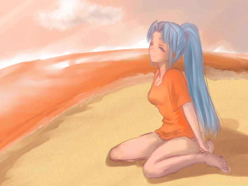 asakura_ryouko barefoot beach blue_eyes blue_hair commentary_request female from_side highres long_hair ootalia photoshop_(medium) ponytail shirt solo suzumiya_haruhi_no_yuuutsu t-shirt