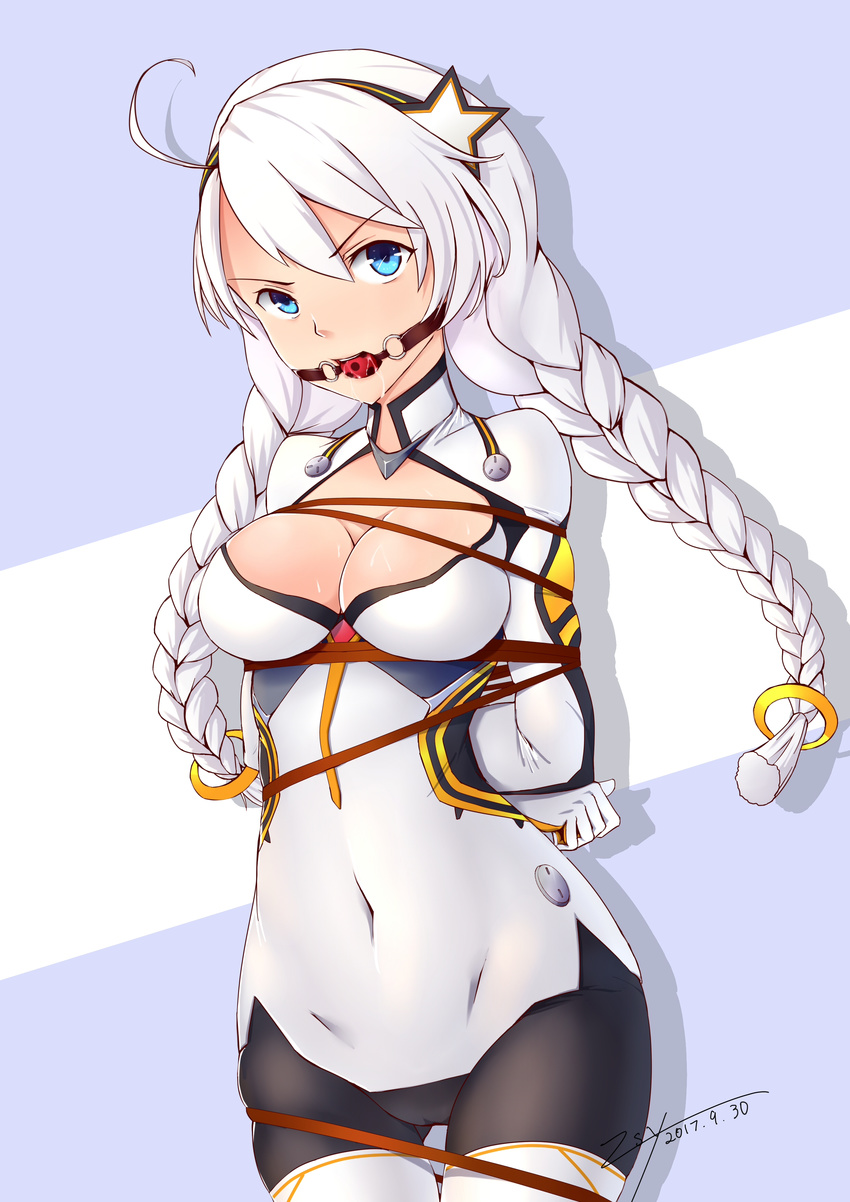 absurdres ahoge aqua_eyes arms_behind_back ball_gag bodysuit bondage bondage bound bound_arms braid breasts cameltoe chinese_commentary cleavage cleavage_cutout clothing_cutout commentary_request contrapposto covered_navel cowboy_shot female gag gagged gloves hairband highres honkai_(series) honkai_impact_3rd kiana_kaslana kiana_kaslana_(white_comet) legs_together long_hair long_sleeves looking_at_viewer medium_breasts open_mouth restrained saliva solo standing swept_bangs thigh_gap thighhighs twin_braids two-tone_background white_hair white_thighhighs wiffle_gag zsy_(zsy433)