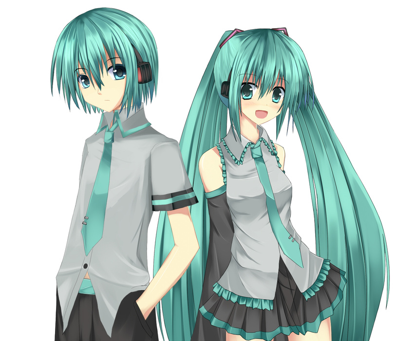 1boy bad_id bad_pixiv_id color_connection dual_persona female genderswap_(ftm) green_hair hatsune_miku hatsune_mikuo long_hair niboss rule_63 very_long_hair vocaloid