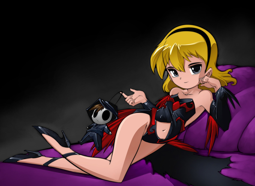 bare_shoulders bleedman blonde_hair female flat_chest grey_eyes grim_jr. grim_tales_from_down_below high_heels looking_at_viewer midriff mini_mandy reclining shoes smile stuffed_animal stuffed_toy