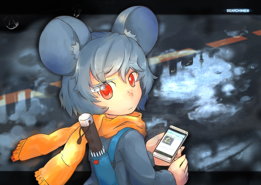 :3 android_(os) animal_ears borisx cellphone closed_umbrella commentary female google google_glass grey_hair highres htc_corporation mouse_ears nazrin orange_scarf phone photoshop_(medium) red_eyes scarf short_hair smartglasses solo touhou umbrella