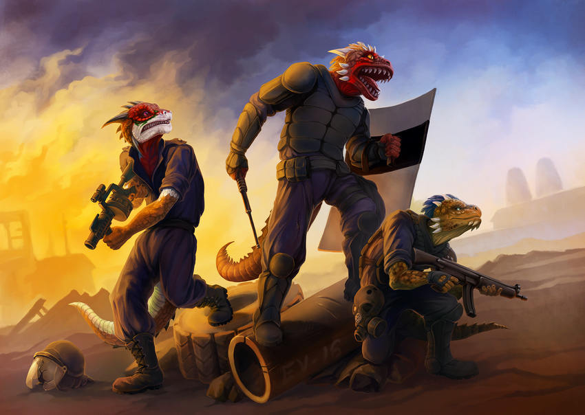 2016 always-the-victor angry anthro argonian armor auflaque_(artist) belt bethesda_game_studios body_armor bulletproof_vest burning_building clothed clothing day debris digital_media_(artwork) expandable_baton feathers fire gas_mask gauntlets gloves greaves grenade_launcher group gun handwear horn jumpsuit male mask melee_weapon microsoft milkor_mgl mp5 noxix-ei open_mouth police police_baton police_uniform pouches ranged_weapon reptile riot_armor riot_gear riot_helmet riot_shield sairaks scales scalie shield sky skyrim smoke spaulder submachine_gun teeth the_elder_scrolls tire tongue uniform utility_belt vambrace visor weapon yelling