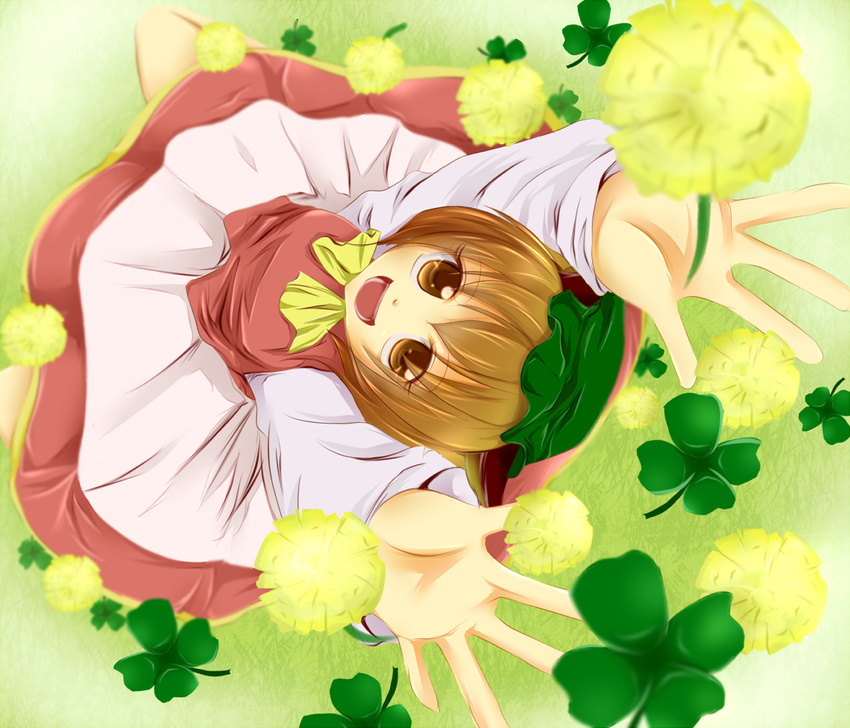 animal_ears arms_up brown_eyes brown_hair cat_ears chen circle_skirt clover commentary_request dress female four-leaf_clover from_above happy hat kneeling looking_up open_mouth outstretched_arms rikkunia smile solo touhou