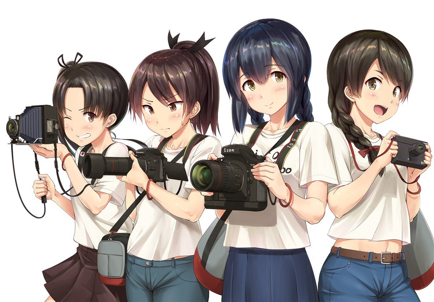 4girls :d ayanami_(kancolle) bag black_hair bracelet braid breasts brown_hair camera casual closed_mouth commentary_request contemporary crop_top denim grin hair_over_shoulder hair_ribbon ichikawa_feesu isonami_(autumn_mode)_(kancolle) isonami_(kancolle) jeans jewelry kantai_collection long_hair looking_at_viewer midriff multiple_girls navel one_eye_closed open_mouth pants ribbon shikinami_(kancolle) shirt shoulder_bag side_ponytail simple_background single_braid skirt small_breasts smile sweatdrop t-shirt twin_braids uranami_(kancolle) white_background yellow_eyes