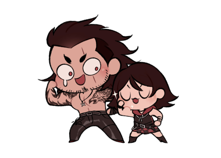 1boy beard belt biceps brother_and_sister chibi closed_eyes commentary_request facial_hair female final_fantasy final_fantasy_xv flexing gladiolus_amicitia highres hood hoodie iris_amicitia jewelry necklace pose priscilla_(bampshi) scarf short_hair siblings skirt sparkle tattoo wristband