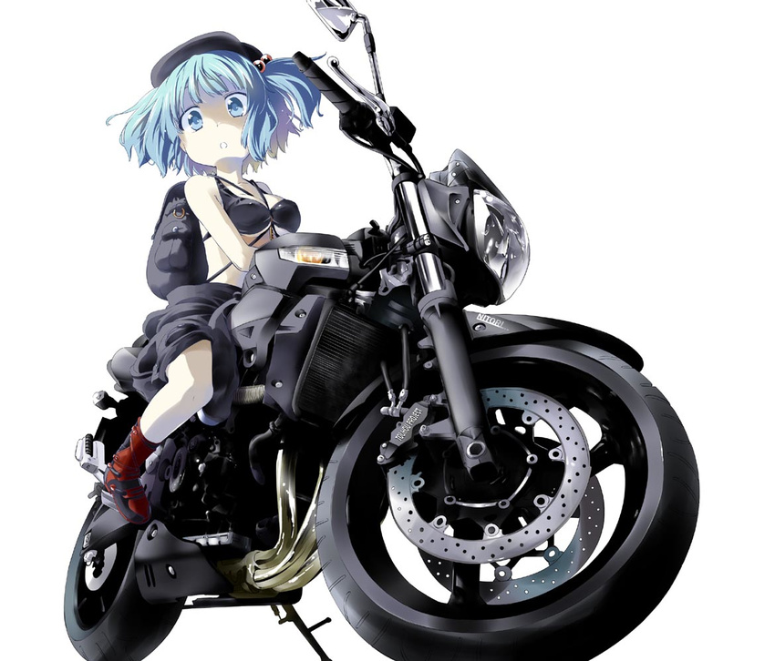 alternate_costume backpack bag bikini bikini_top_only blue_hair contemporary female hat kawashiro_nitori mikage_baku motor_vehicle motorcycle photoshop_(medium) solo swimsuit touhou two_side_up