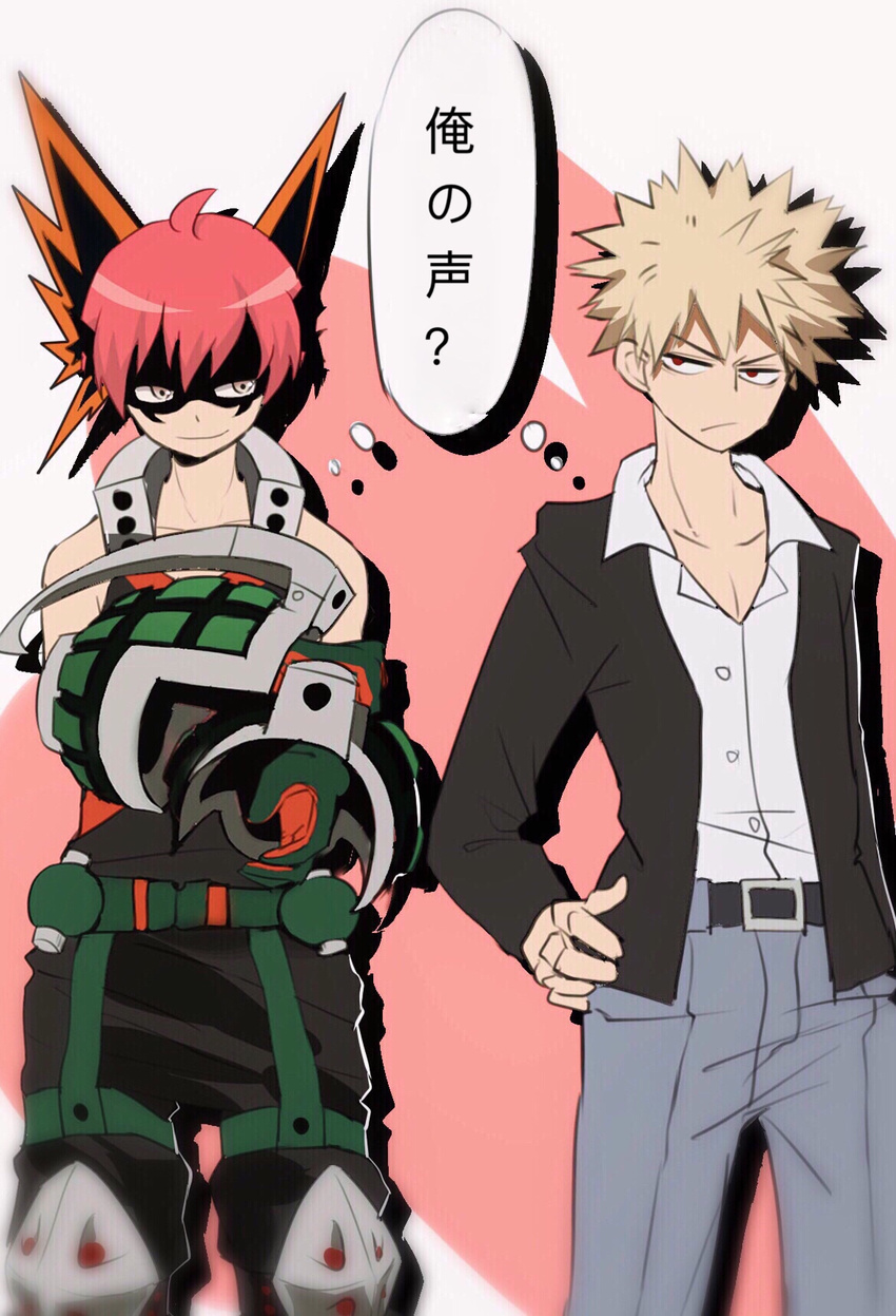 2boys akabane_karma akabane_karma_(cosplay) ansatsu_kyoushitsu bakugou_katsuki bakugou_katsuki_(cosplay) bare_shoulders blonde_hair boku_no_hero_academia chinese_commentary commentary company_connection cosplay costume_switch crossover gauntlets gloves highres jupiter_yangzouyue kunugigaoka_middle_school_uniform multiple_boys okamoto_nobuhiko red_eyes red_hair school_uniform shounen_jump smile spiked_hair translated voice_actor_connection