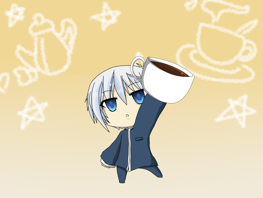 1boy blue_eyes buri_hamachi chibi coffee commentary_request cup fate_averruncus furo_taisa gakuran highres mahou_sensei_negima! male_focus school_uniform solo white_hair