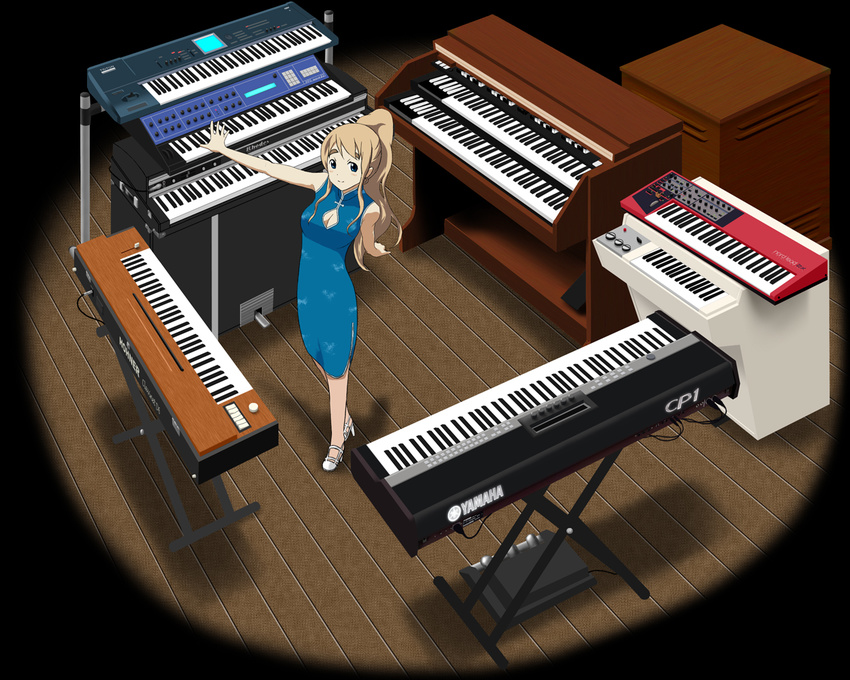 alternate_hairstyle blonde_hair blue_eyes breasts china_dress chinese_clothes clavia_nord cleavage cleavage_cutout clothing_cutout commentary_request dress electric_organ female fender_rhodes instrument k-on! keyboard_(instrument) korg korg_triton kotobuki_tsumugi long_hair medium_breasts mellotron nord_lead organ_(instrument) piano ponytail product_placement richard_crazyman solo synthesizer thick_eyebrows yamaha