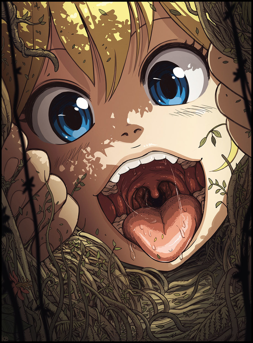 blonde_hair blush close-up commentary crisis english_commentary felarya female fingernails highres karbo looking_at_viewer photoshop_(medium) plant portrait saliva solo tareme teeth tongue tongue_out tree uvula