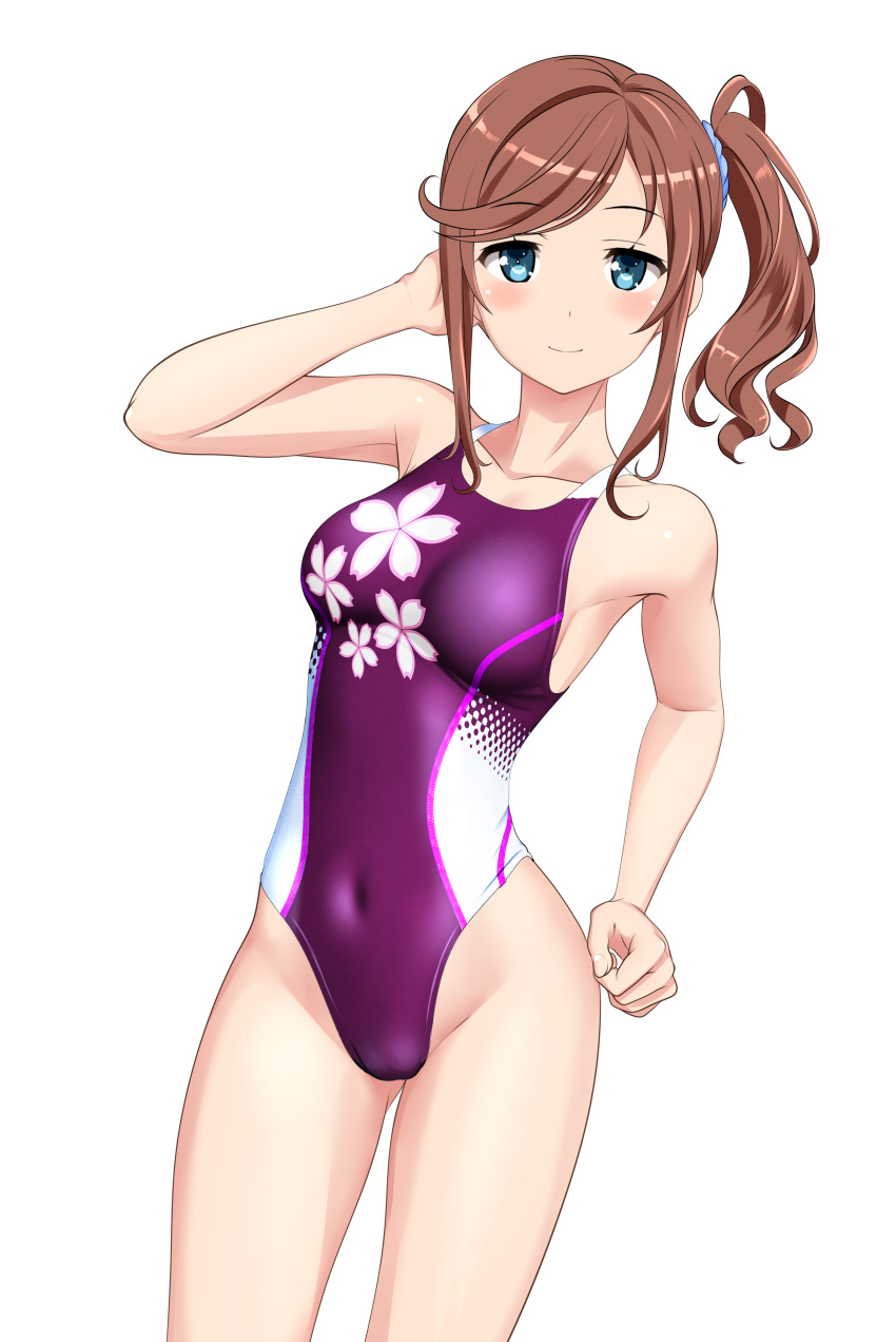 absurdres bad_id bad_pixiv_id blue_eyes breasts brown_hair competition_swimsuit covered_navel female floral_print hair_ornament hair_scrunchie high_school_fleet highleg highleg_swimsuit highres ise_sakura long_hair looking_at_viewer medium_breasts multicolored_clothes multicolored_swimsuit one-piece_swimsuit purple_one-piece_swimsuit scrunchie side_ponytail simple_background solo standing swimsuit takafumi variant_set white_background