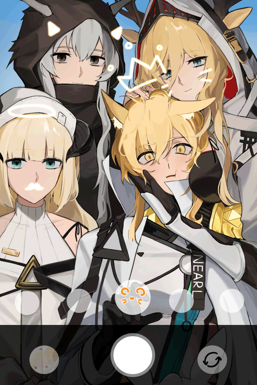 4girls absurdres animal_ears antlers arknights bad_id bad_pixiv_id blonde_hair deer_antlers deer_ears deer_girl demon_girl demon_horns face_filter face_grab fake_facial_hair fake_mustache group_picture head_rub highres hood horns horse_ears horse_girl multiple_girls nearl_(arknights) nearl_the_radiant_knight_(arknights) nightingale_(arknights) shining_(arknights) viviana_(arknights) yuri zwa