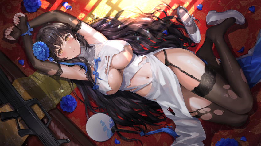 absurdres armpits arms_up assault_rifle bare_shoulders black_hair blue_flower blue_ribbon bound bound_wrists breasts bridal_gauntlets brown_thighhighs bullpup china_dress chinese_clothes cleavage dress female flower garter_belt girls'_frontline gun hair_flower hair_ornament hand_fan highres large_breasts long_hair looking_at_viewer lying navel no_bra no_panties official_alternate_costume on_back paper_fan pelvic_curtain petals qbz-95 restrained revealing_clothes ribbon rifle sakamuke shoes sleeveless sleeveless_dress smile solo thighhighs thighs torn_clothes torn_dress torn_thighhighs type_95_(girls'_frontline) type_95_(narcissus)_(girls'_frontline) underboob very_long_hair weapon white_dress white_footwear yellow_eyes