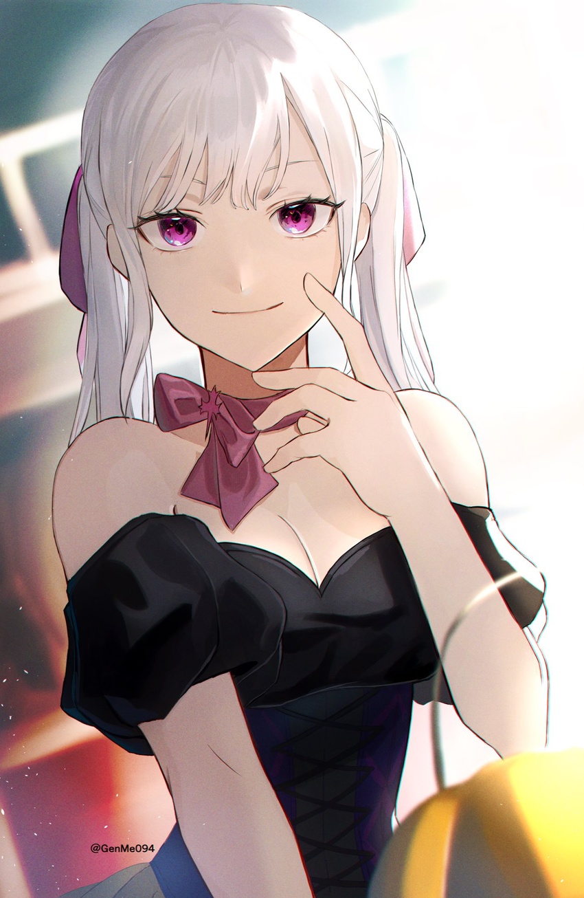 alternate_costume ascot bare_shoulders black_clover black_dress breasts cleavage dress female gen_me grey_hair hair_ribbon halloween highres noelle_silva official_alternate_costume pale_skin pink_ascot purple_ribbon ribbon smile solo strapless strapless_dress twintails twitter_username