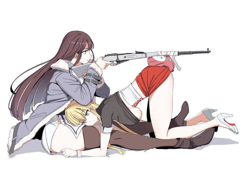 2girls absurdres aiming bandages black_footwear blonde_hair blunt_bangs bolt_action boots breasts brown_hair closed_mouth coat dickbomber full_body fur-trimmed_coat fur_trim grey_coat grey_eyes gun high_heels highres holding holding_gun holding_weapon korean_commentary lap_pillow last_origin leona_of_blood_&_iron long_hair long_sleeves mosin-nagant multiple_girls photo-referenced red_skirt rifle short_sleeves simple_background sitting skirt thigh_boots thighhighs top-down_bottom-up underboob valkyrie_(last_origin) weapon white_background white_footwear