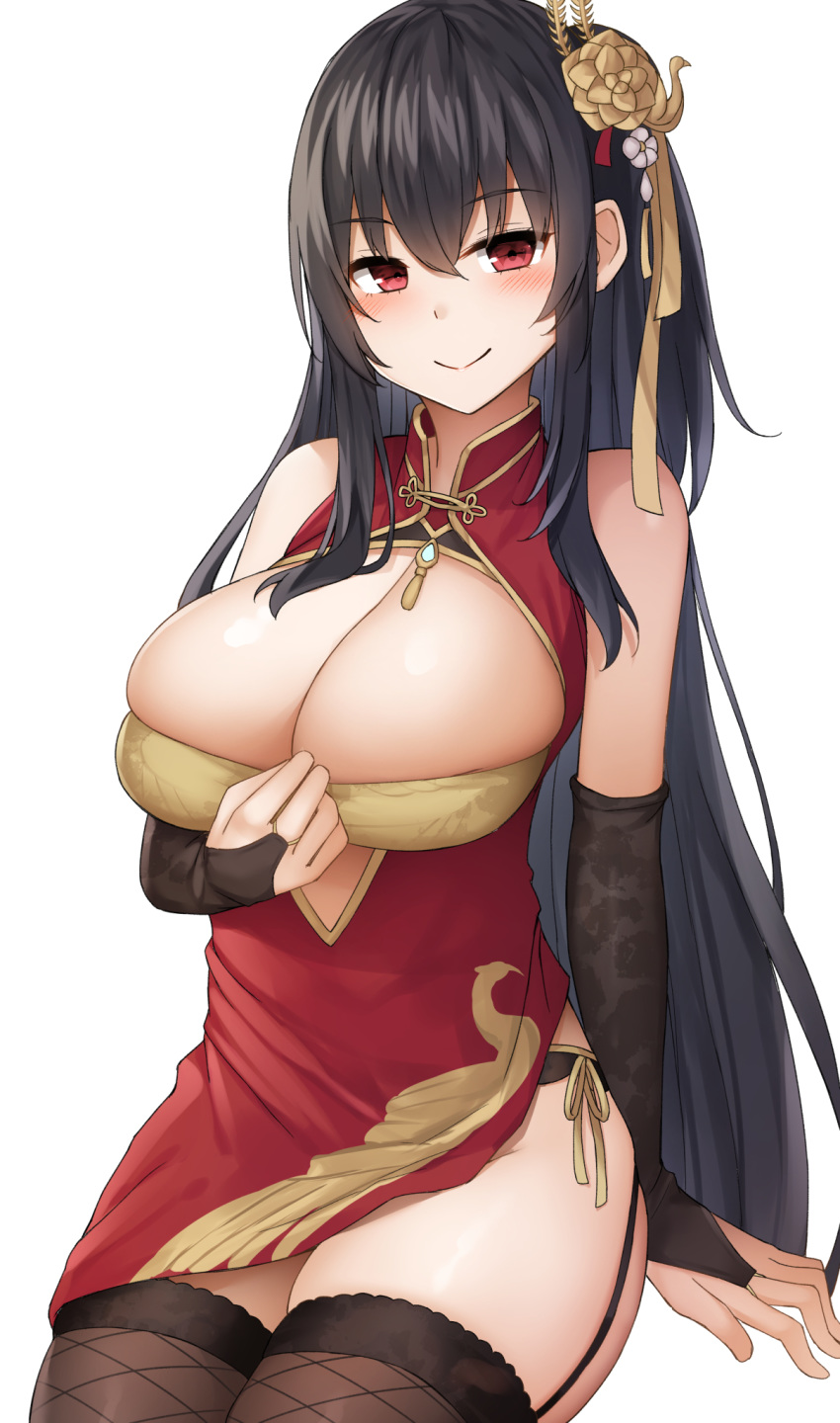 azur_lane bare_shoulders black_hair black_panties blush breasts bridal_gauntlets brown_thighhighs china_dress chinese_clothes cleavage cleavage_cutout closed_mouth clothing_cutout dress female flower garter_straps hair_flower hair_ornament highres large_breasts long_hair looking_at_viewer mizushina_minato mole mole_under_eye official_alternate_costume one_side_up panties red_dress red_eyes ribbon side-tie_panties sidelocks sitting skindentation sleeveless sleeveless_dress smile solo straight_hair taihou_(azur_lane) taihou_(phoenix's_spring_song)_(azur_lane) thighhighs underwear very_long_hair yellow_ribbon