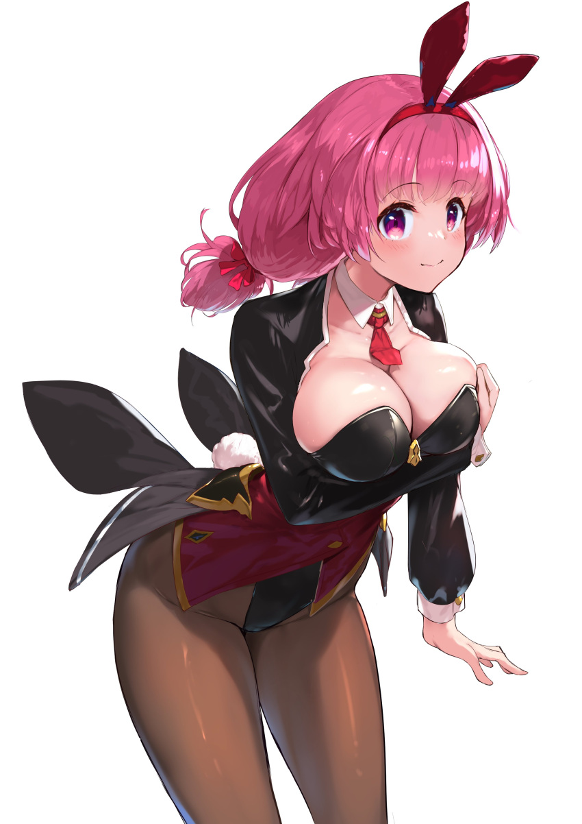 absurdres animal_ears black_leotard blush breasts cleavage closed_mouth coat detached_collar fake_animal_ears female grabbing_own_breast highres kirikawa_ikumu large_breasts leotard long_sleeves looking_at_viewer necktie original pantyhose pink_eyes pink_hair playboy_bunny simple_background smile solo thighs white_background