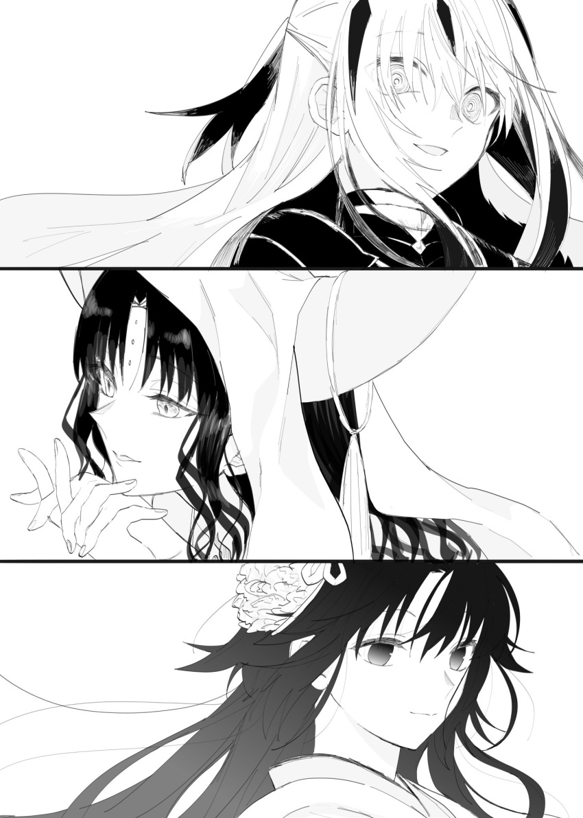 3girls @_@ black_eyes commentary eyebrows_hidden_by_hair fate/grand_order fate_(series) flower greyscale hair_between_eyes hair_flower hair_ornament highres horns long_hair looking_at_viewer monochrome multiple_girls nagao_kagetora_(fate) ryougi_shiki ryougi_shiki_(third_ascension) sessyoin_kiara smile sui_0427