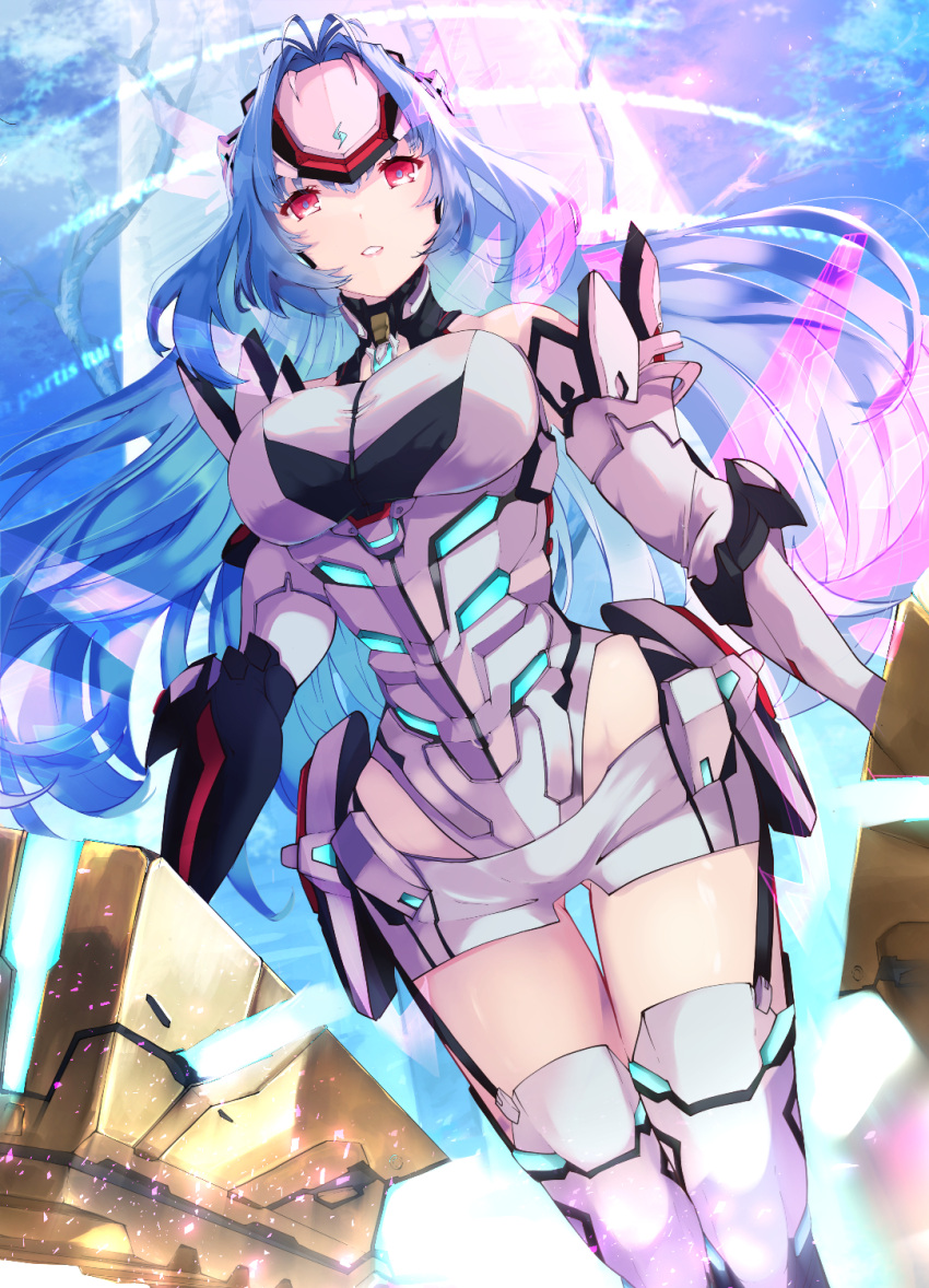 bad_id bad_pixiv_id blue_hair breasts female highres joints kos-mos kos-mos_re: large_breasts leotard long_hair red_eyes risumi_(taka-fallcherryblossom) robot_joints sky solo xenoblade_chronicles_(series) xenoblade_chronicles_2 xenosaga