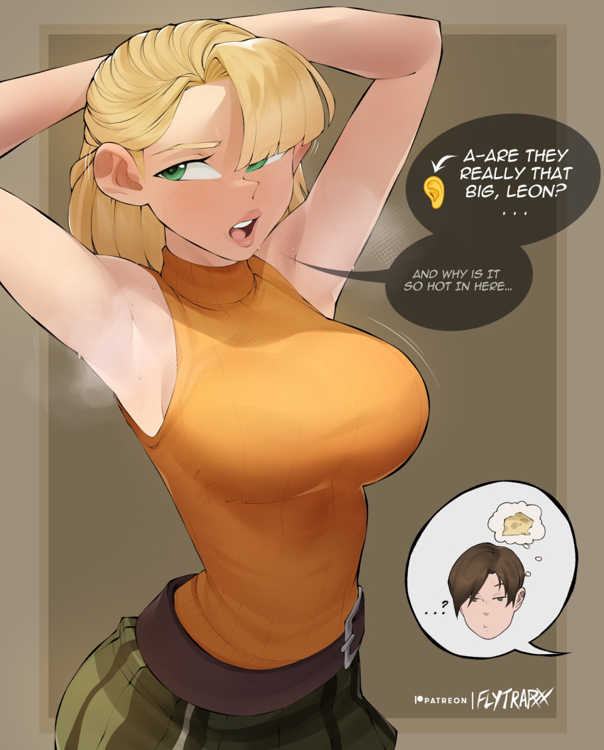 ... 1boy ? armpits arms_behind_head arms_up artist_name ashley_graham blonde_hair bob_cut breasts brown_eyes brown_hair cheese english_text female flytrapxx food green_eyes green_skirt highres large_breasts leon_s._kennedy looking_at_viewer medium_hair orange_shirt orange_sweater patreon_logo patreon_username pectorals resident_evil resident_evil_4 shirt skirt sleeveless sleeveless_sweater sleeveless_turtleneck sweater sweater_around_neck tight_clothes tight_shirt turtleneck