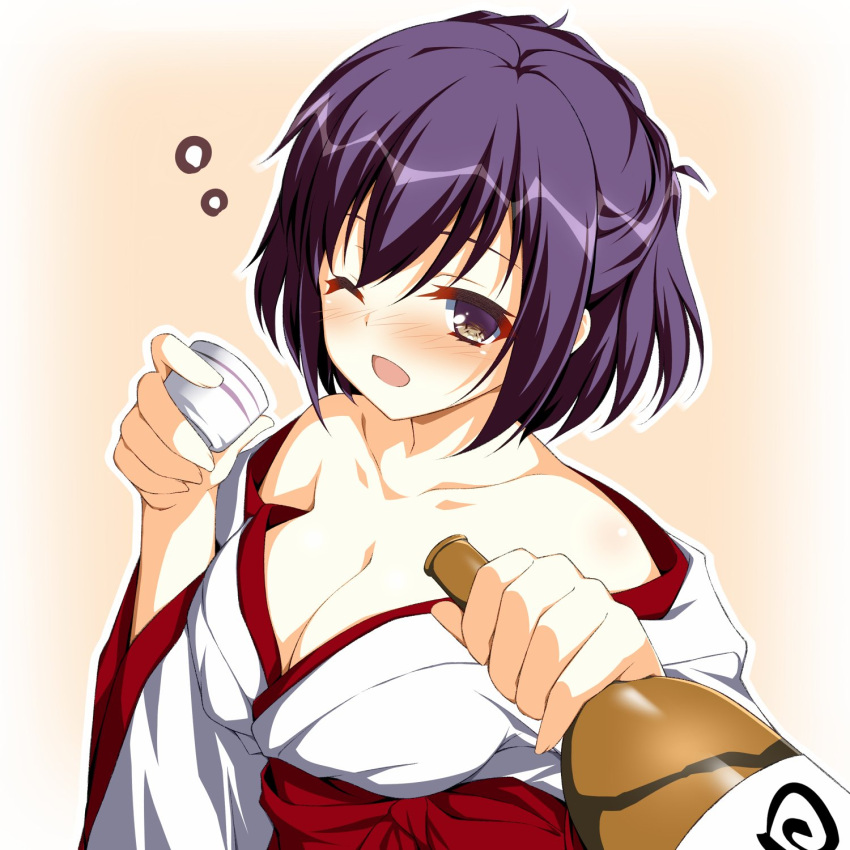 9-nine- :d asagi_nanami bare_shoulders blush border bottle breasts choko_(cup) cleavage collarbone commentary_request cup drunk eyelashes female gradient_background hair_between_eyes hakama half_updo happy highres holding holding_bottle holding_cup japanese_clothes kimono large_breasts long_sleeves looking_at_viewer medium_hair miko naruse_satsuki no_bra nose_blush off_shoulder one_eye_closed open_mouth orange_background purple_hair red_hakama sake_bottle simple_background smile solo upper_body white_border white_kimono wide_sleeves yellow_eyes