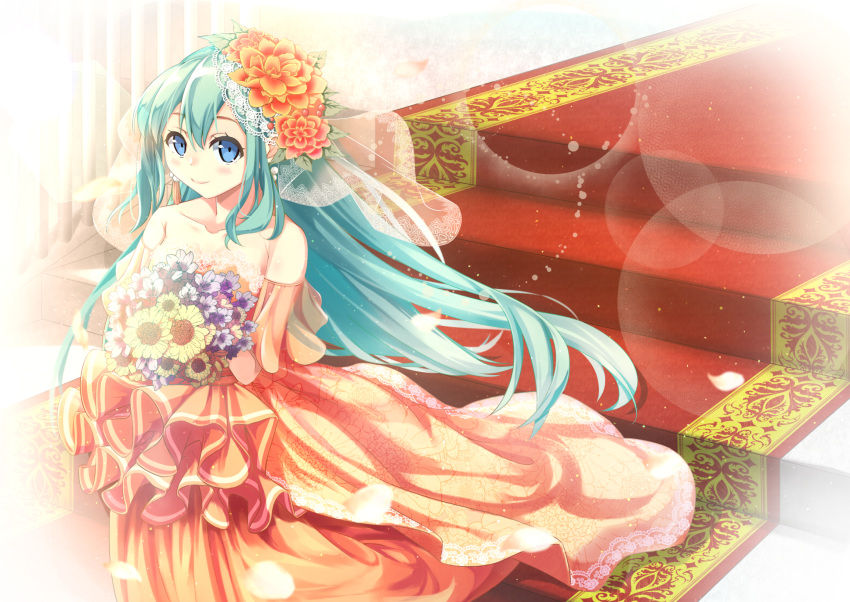 alice_carroll alternate_costume aria_(manga) bananatsukis bare_shoulders blue_eyes blush bouquet closed_mouth collarbone dress earrings female floral_print flower full_body green_hair hair_flower hair_ornament highres holding holding_bouquet jewelry light_smile long_hair looking_at_viewer orange_dress pleated_dress raised_eyebrows smile solo stairs strapless strapless_dress veil