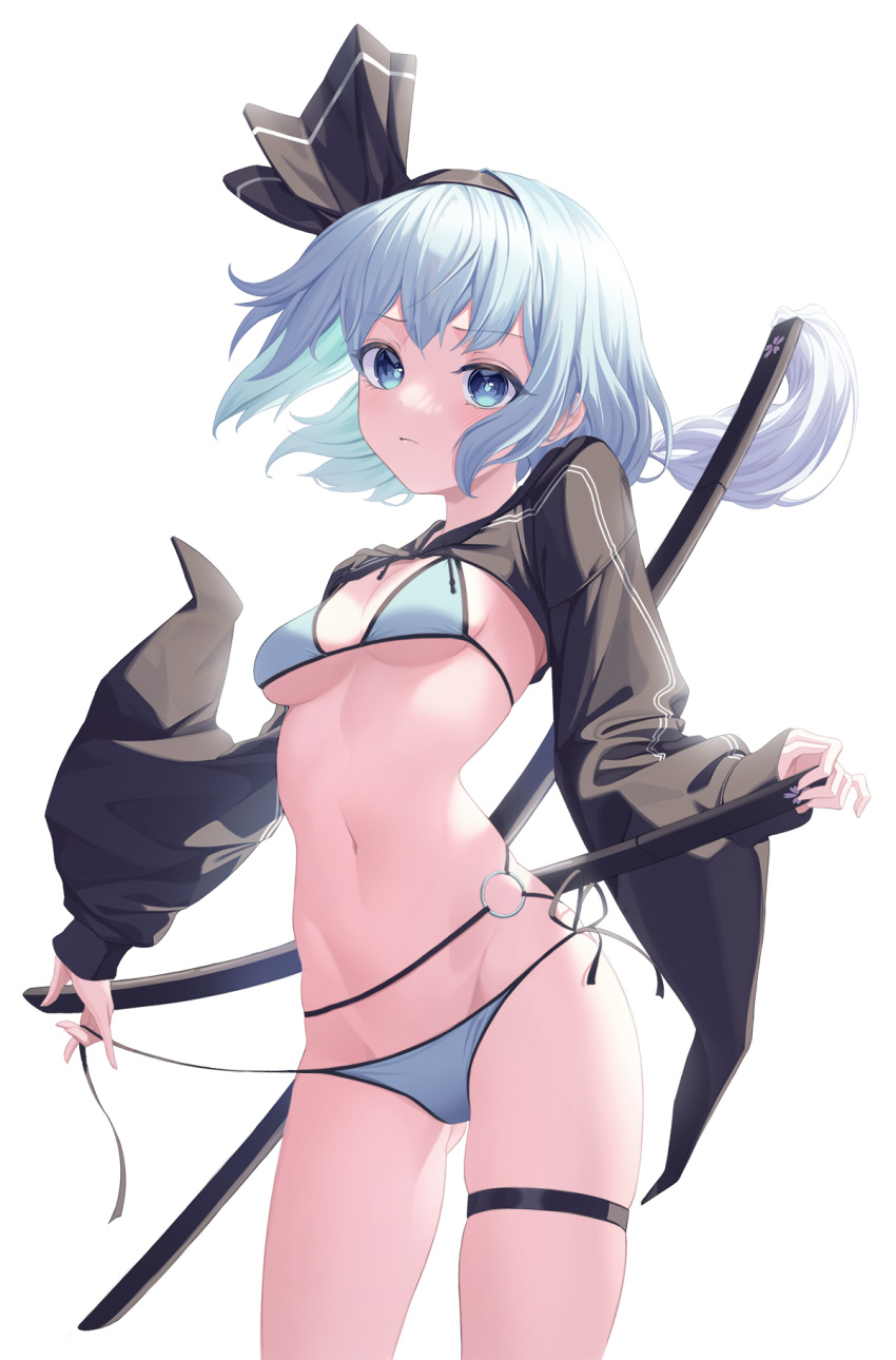 :| alternate_costume bikini black_hairband black_jacket bob_cut breasts breasts_apart closed_mouth cowboy_shot expressionless eyelashes female green_eyes grey_hair hairband head_tilt highres jacket ju-ok katana konpaku_youmu light_blush long_sleeves looking_at_viewer navel scabbard sheath short_hair simple_background small_breasts solo standing stomach string_bikini swimsuit sword tassel thigh_strap thighs touhou weapon weapon_on_back white_background