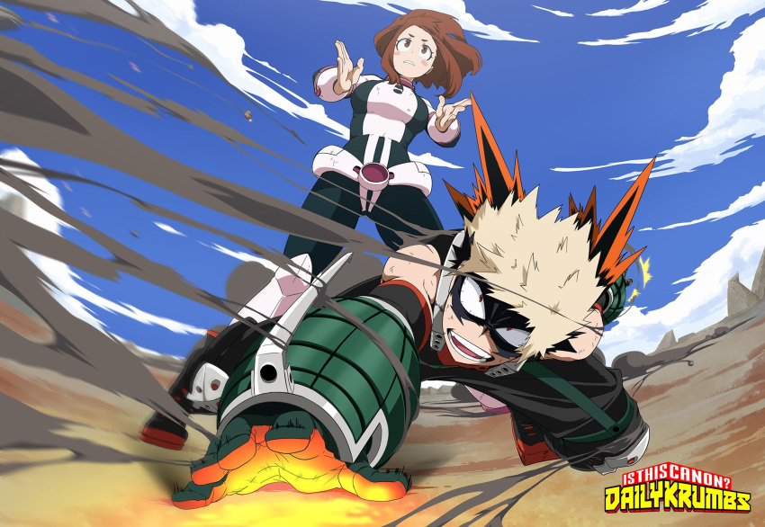 1boy artist_name bakugou_katsuki blonde_hair blush_stickers boku_no_hero_academia brown_eyes brown_hair cloud commentary day english_commentary eyelashes female hands_up highres krumbs_(dailykrumbs) open_mouth outdoors parted_lips sky smoke spiked_hair teeth tongue uraraka_ochako