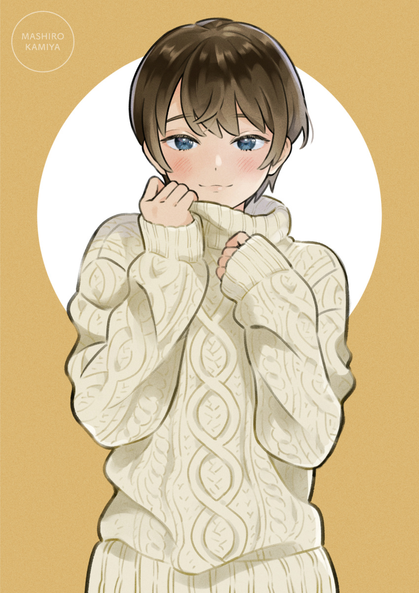 :3 absurdres artist_name blue_eyes blush brown_hair female hands_up highres kaminr knit_sweater looking_at_viewer original short_hair simple_background sleeves_past_wrists solo sweater upper_body