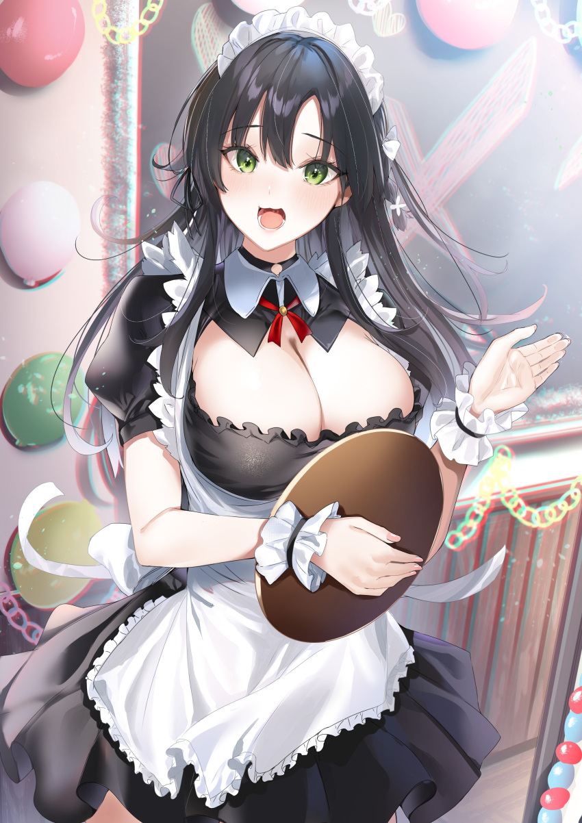 absurdres apron arm_garter balloon black_dress black_hair bow braid breasts chalkboard cleavage cleavage_cutout clothing_cutout dress female frilled_wrist_cuffs frills green_eyes hair_ribbon hairbow hand_up highres hitotsuba_kaede holding holding_tray indoors kakao_(chocolate_land) large_breasts long_hair looking_at_viewer maid maid_apron maid_headdress neck_ribbon open_mouth puffy_short_sleeves puffy_sleeves ribbon ryoushin_no_shakkin short_sleeves solo tray white_bow wrist_cuffs