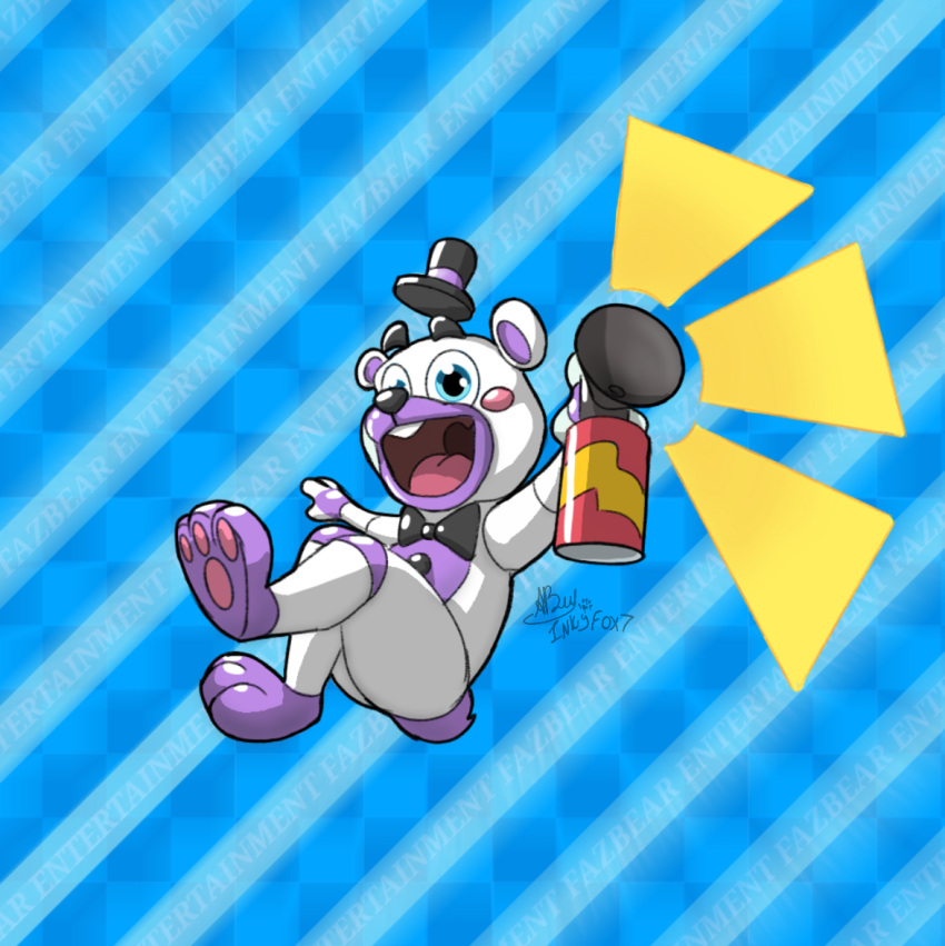 2020 :d abstract_background air_horn animatronic anthro barefoot bear blue_background blue_eyes bow_tie buckteeth checkered checkered_background clothing english_text feet five_nights_at_freddy's freddy_fazbear's_pizzeria_simulator glistening glistening_body glistening_eyes hat headgear headwear helpy_(fnaf) holding_object inkart_flow looking_at_viewer machine male mammal multicolored_body open_mouth pattern_background pawpads paws pink_pawpads pink_tongue pose purple_body purple_tail raised_arm raised_leg robot round_ears scottgames scut_tail short_tail simple_background smile solo tail teeth text tongue toony top_hat uvula white_body